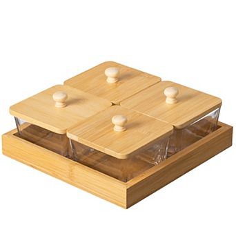 Basicwise Set of 4 Square Glass Jars with Bamboo Lids and Wooden Tray