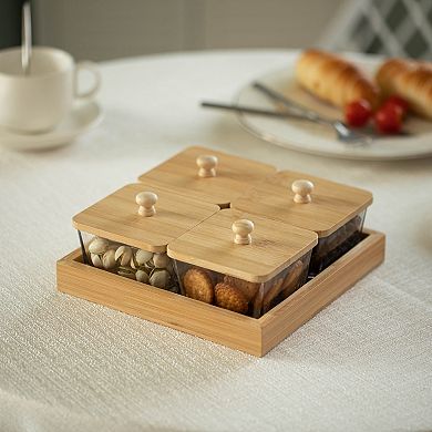 Basicwise Set of 4 Square Glass Jars with Bamboo Lids and Wooden Tray