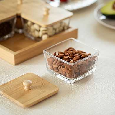 Basicwise Set of 4 Square Glass Jars with Bamboo Lids and Wooden Tray