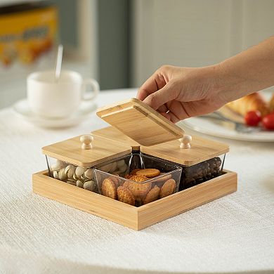 Basicwise Set of 4 Square Glass Jars with Bamboo Lids and Wooden Tray