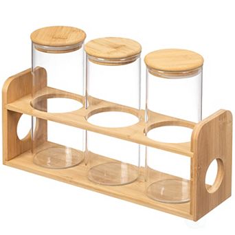Basicwise 3 pc 30oz Glass Jars with Bamboo Shelf for Storing Ground Coffee, Sugar