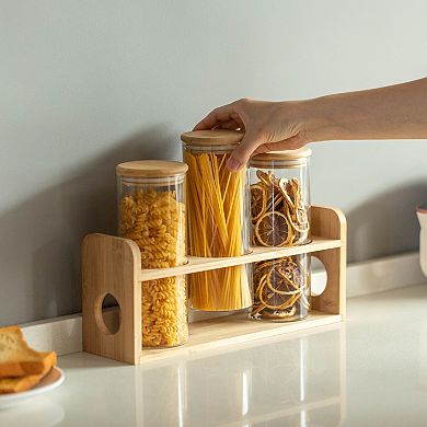Basicwise 3 Pcs 30oz Glass Jars with Bamboo Shelf for Storing Ground Coffee, Sugar