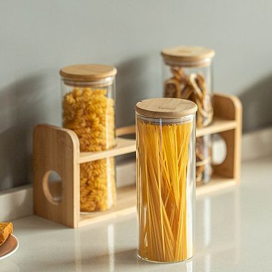 Basicwise 3 Pcs 30oz Glass Jars with Bamboo Shelf for Storing Ground Coffee, Sugar