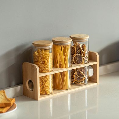 Basicwise 3 Pcs 30oz Glass Jars with Bamboo Shelf for Storing Ground Coffee, Sugar