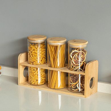 Basicwise 3 Pcs 30oz Glass Jars with Bamboo Shelf for Storing Ground Coffee, Sugar