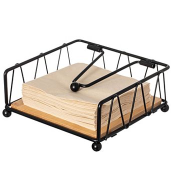 Flat Metal Square Napkin Holder With Weighted Arm And Wooden Tray Perfect For Adorning Dining Table