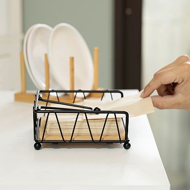 Flat Metal Square Napkin Holder With Weighted Arm And Wooden Tray Perfect For Adorning Dining Table