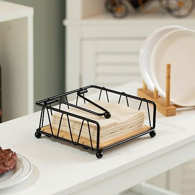 Flat Metal Square Napkin Holder With Weighted Arm And Wooden Tray Perfect For Adorning Dining Table