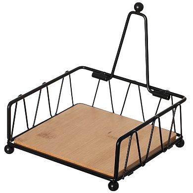 Flat Metal Square Napkin Holder With Weighted Arm And Wooden Tray Perfect For Adorning Dining Table