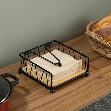 Flat Metal Square Napkin Holder With Weighted Arm And Wooden Tray Perfect For Adorning Dining Table