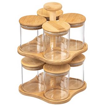 Basicwise Minimalist Two-Tier Bamboo Lazy Susan Turntable with 8 pc 12 oz Airtight Lid Glass Jars