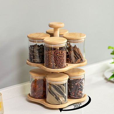 Basicwise Minimalist Two-Tier Bamboo Lazy Susan Turntable with 8 Pcs 12 oz Airtight Lid Glass Jars