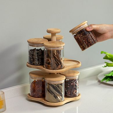 Basicwise Minimalist Two-Tier Bamboo Lazy Susan Turntable with 8 Pcs 12 oz Airtight Lid Glass Jars