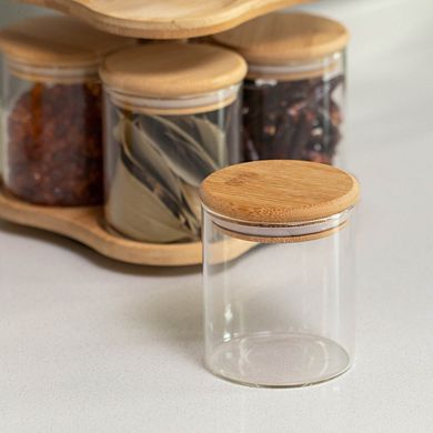 Basicwise Minimalist Two-Tier Bamboo Lazy Susan Turntable with 8 Pcs 12 oz Airtight Lid Glass Jars
