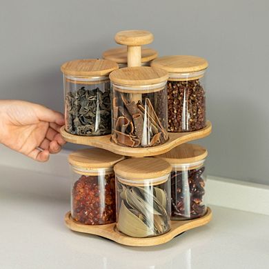 Basicwise Minimalist Two-Tier Bamboo Lazy Susan Turntable with 8 Pcs 12 oz Airtight Lid Glass Jars