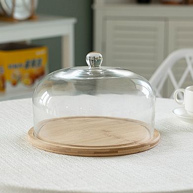 Basicwise Round Glass Dome Dessert Tray Set - 2-in-1 Cake Stand with Lid, Fruit Display