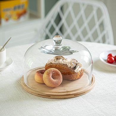 Basicwise Round Glass Dome Dessert Tray Set - 2-in-1 Cake Stand with Lid, Fruit Display