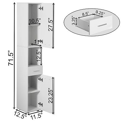 71.5"tall Thin Corner Shelf Floor Cabinet With 2 Doors, 1 Drawer, Freestanding Linen Tower Cabinet
