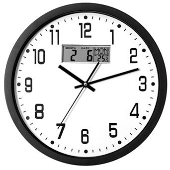 Clockswise 14-inch Wall Clock, Non-Ticking Analog & Digital with Temperature Display