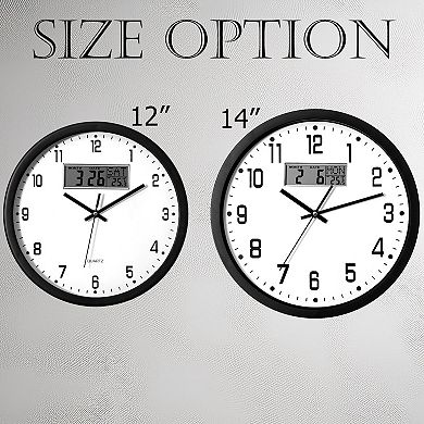 Clockswise 14-inch Wall Clock, Non-Ticking Analog & Digital with Temperature Display
