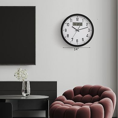 Clockswise 14-inch Wall Clock, Non-Ticking Analog & Digital with Temperature Display