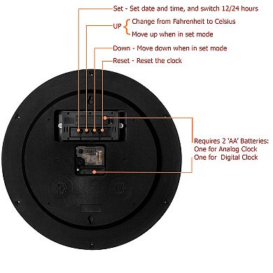 Clockswise 14-inch Wall Clock, Non-Ticking Analog & Digital with Temperature Display