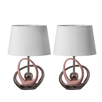Decorative Table Lamp, With Silver And Pink Circular Stand And White Cotton Lampshade, Set Of 2