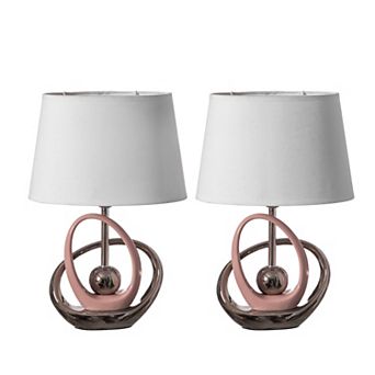 Decorative Table Lamp, With Silver And Pink Circular Stand And White Cotton Lampshade, Set Of 2