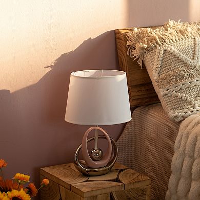 Decorative Table Lamp, With Silver And Pink Circular Stand And White Cotton Lampshade, Set Of 2