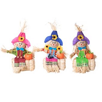 Gardenised Sitting On Straw And Hay Bales Multicolor Trio Scarecrows For All Season Garden Decor