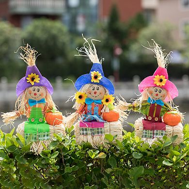 Gardenised Sitting On Straw And Hay Bales Multicolor Trio Scarecrows For All Season Garden Decor