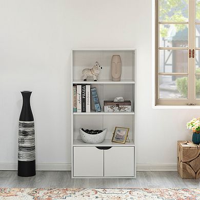 47" White 3 Tier Open Book Shelf And Bookcases With 2 Doors Storage Cabinet And 1 Adjustable Shelf