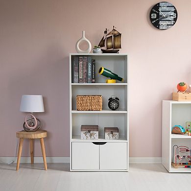 47" White 3 Tier Open Book Shelf And Bookcases With 2 Doors Storage Cabinet And 1 Adjustable Shelf