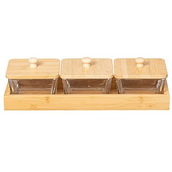 Basicwise Set of 3 Square Glass Jars with Bamboo Lids and Wooden Tray