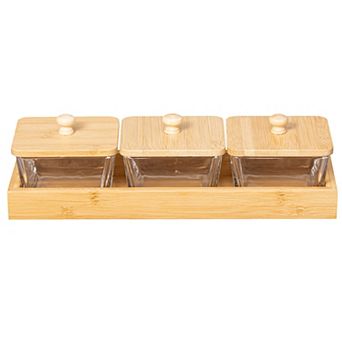 Basicwise Set of 3 Square Glass Jars with Bamboo Lids and Wooden Tray