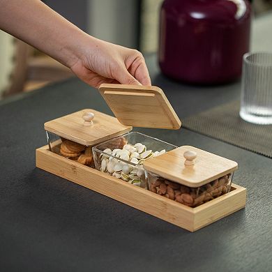 Basicwise Set of 3 Square Glass Jars with Bamboo Lids and Wooden Tray