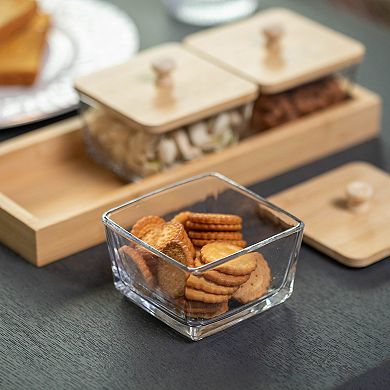 Basicwise Set of 3 Square Glass Jars with Bamboo Lids and Wooden Tray