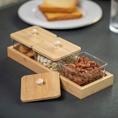 Basicwise Set of 3 Square Glass Jars with Bamboo Lids and Wooden Tray