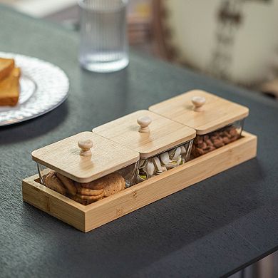Basicwise Set of 3 Square Glass Jars with Bamboo Lids and Wooden Tray