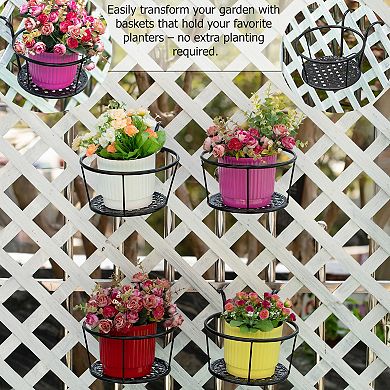 Set of 4 Decorative Round Iron Hanging Bucket Style Plant Pot Holders and Flower Baskets with Hooks