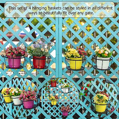 Set of 4 Decorative Round Iron Hanging Bucket Style Plant Pot Holders and Flower Baskets with Hooks