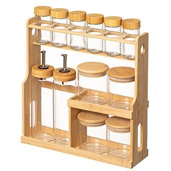 Basicwise 3 tier Bamboo Spice Rack with 6 Spice Shakers, 4 Airtight Jars & 2 Oil Dispenser