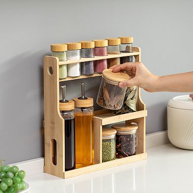 Basicwise 3-Tier Bamboo Spice Rack with 6 Spice Shakers, 4 Airtight Jars & 2 Oil Dispenser