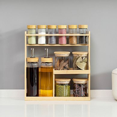 Basicwise 3-Tier Bamboo Spice Rack with 6 Spice Shakers, 4 Airtight Jars & 2 Oil Dispenser