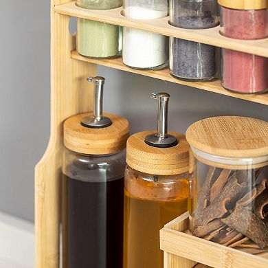 Basicwise 3-Tier Bamboo Spice Rack with 6 Spice Shakers, 4 Airtight Jars & 2 Oil Dispenser