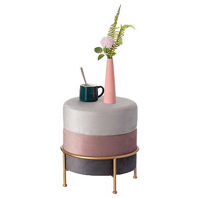 Round Velvet Ottoman Stool 16" Tall Tricolor With Gold Metal Stand