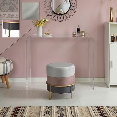 Round Velvet Ottoman Stool 16" Tall Tricolor With Gold Metal Stand