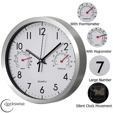 Clockswise 14-inch Non-Ticking Quartz Wall Clock with Thermometer & Hygrometer