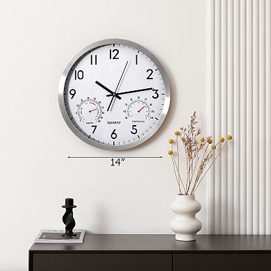 Clockswise 14-inch Non-Ticking Quartz Wall Clock with Thermometer & Hygrometer