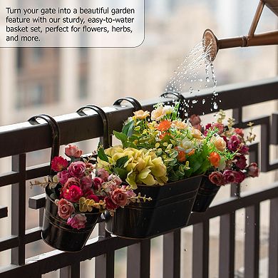 Set of 3 Metal Hanging Railing Planters with Detachable Hooks Decorative Outdoor Set